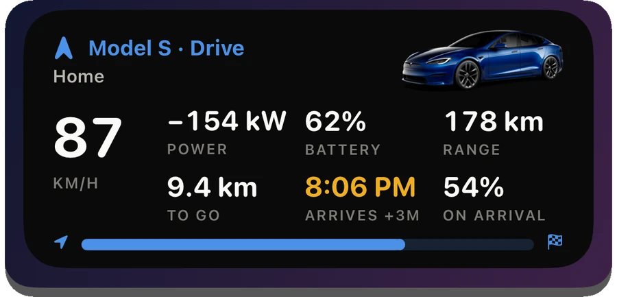 The driving Live Activity on the Lock Screen: 87 km/h, −154 kW, destination and arrival, battery and range