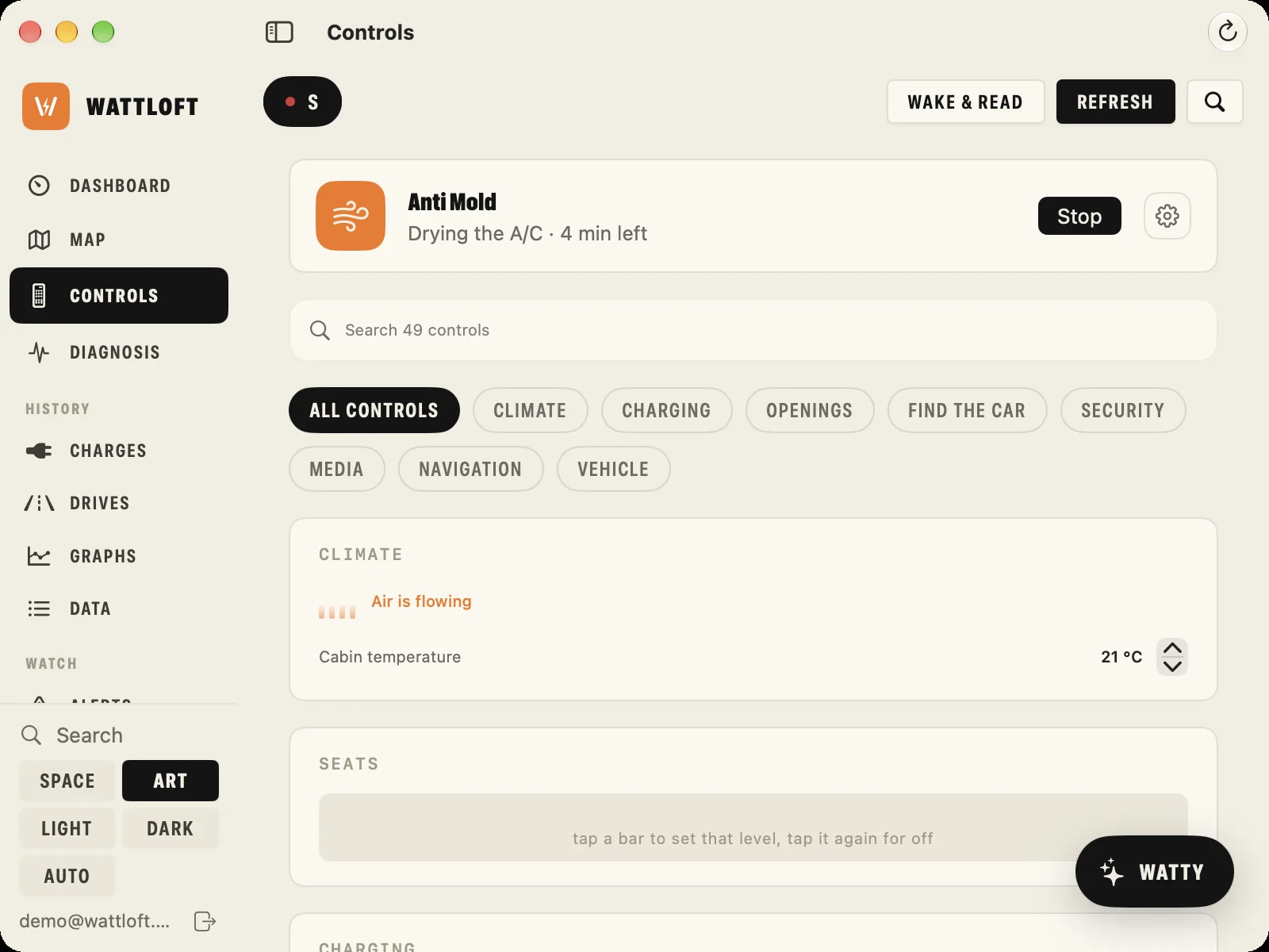 WattLoft for Mac, Art theme: the Controls page with the Anti Mold row on top — Drying the A/C · 4 min left, a Stop button — then search, category filters, climate and seats