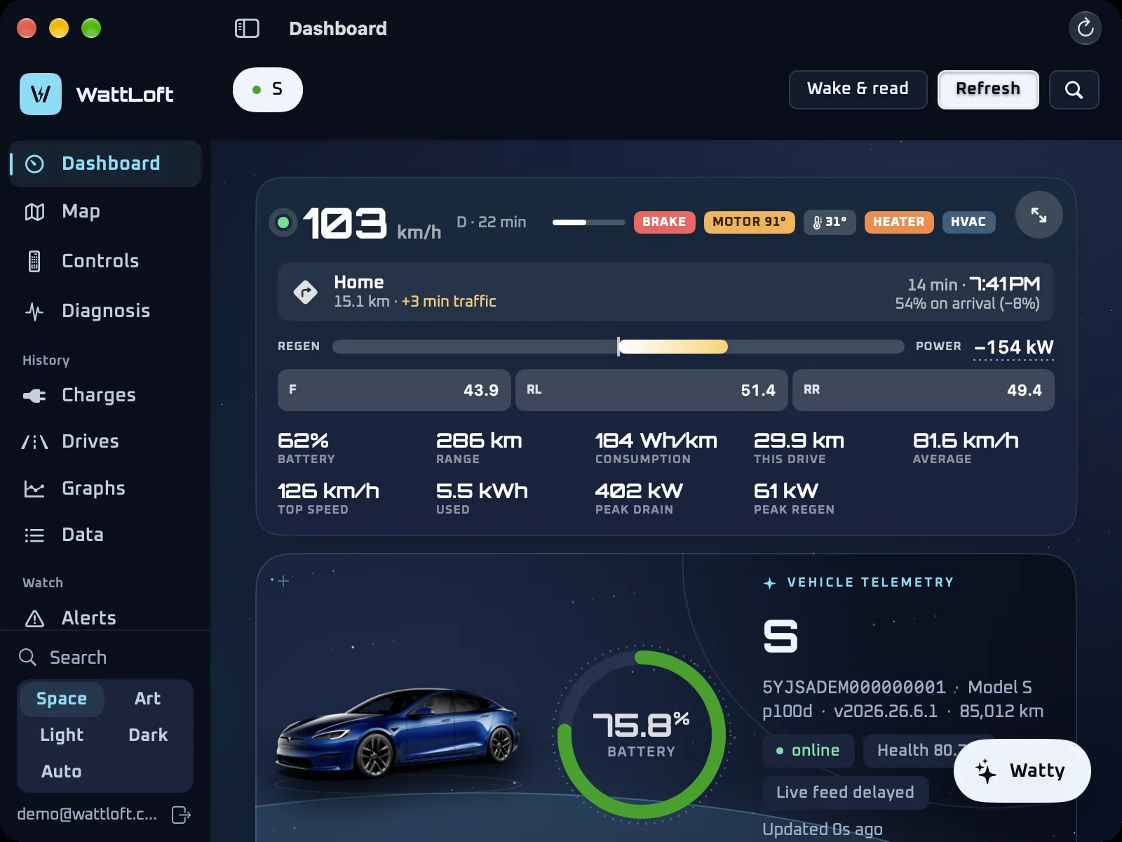 The Mac dashboard in the Space theme — deep navy, cyan readouts and the vehicle telemetry card