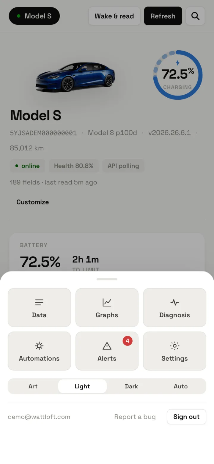 The phone More sheet with tiles for Data, Graphs, Diagnosis, Automations, Alerts and Settings, the theme switch and Sign out