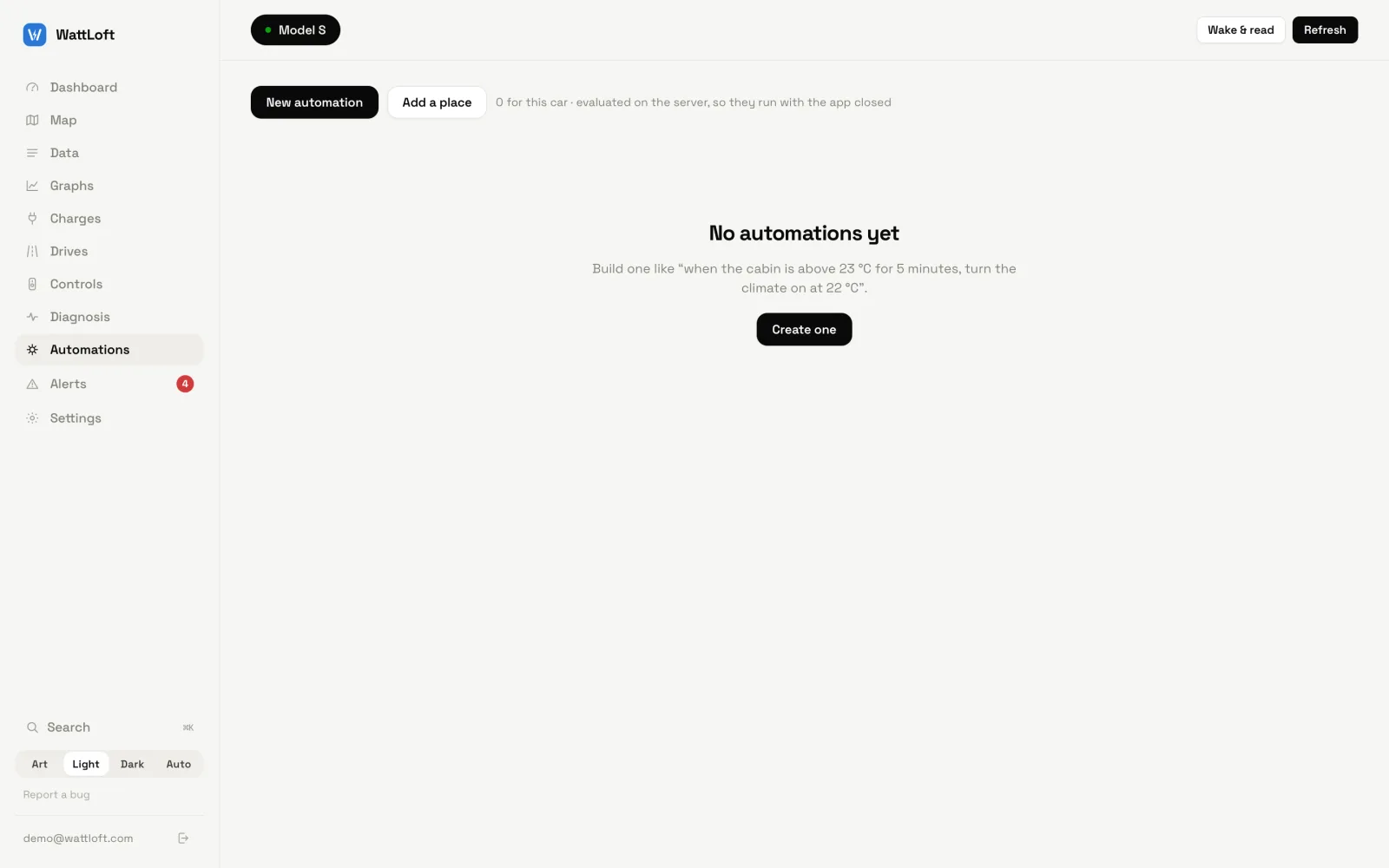 The Automations tab with New automation and Add a place buttons and the empty state suggesting when the cabin is above 23 °C for 5 minutes, turn the climate on
