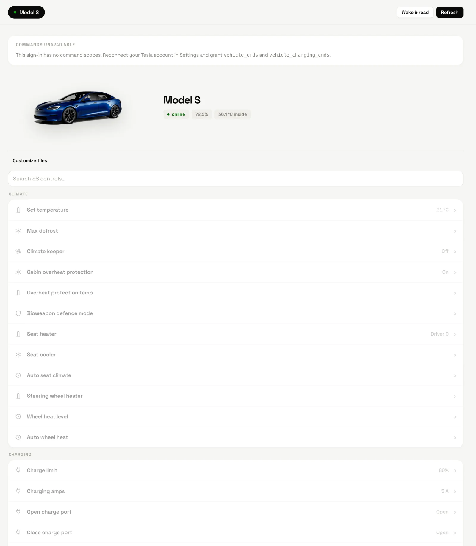 The Controls page: the car hero, Customize tiles, a search box and the Climate and Charging command groups