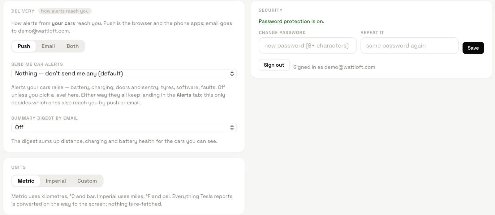 The Delivery card with Push, Email and Both, the Send me car alerts level and the digest select, beside the Security and Units cards