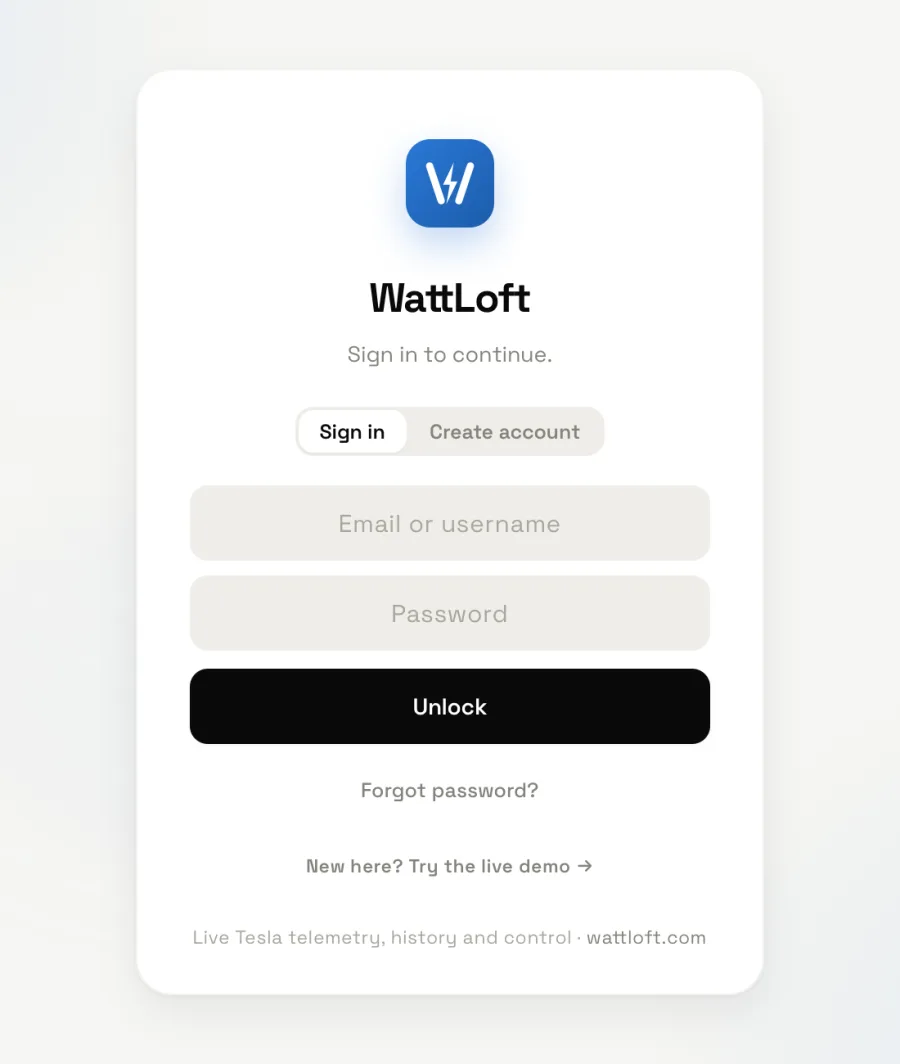 The WattLoft sign-in card with the Sign in and Create account tabs, email and password fields, the Unlock button and the Forgot password link