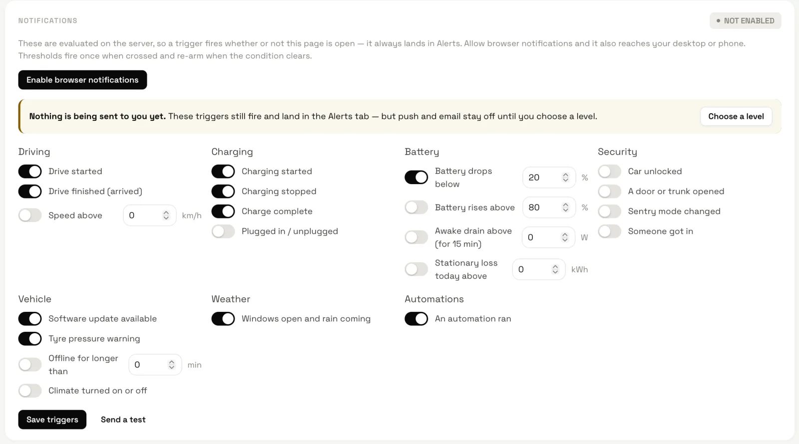 The Notifications card in Settings: the rules grouped as Driving, Charging, Battery, Security, Vehicle, Weather and Automations, each with a switch and threshold fields, plus Save triggers and Send a test