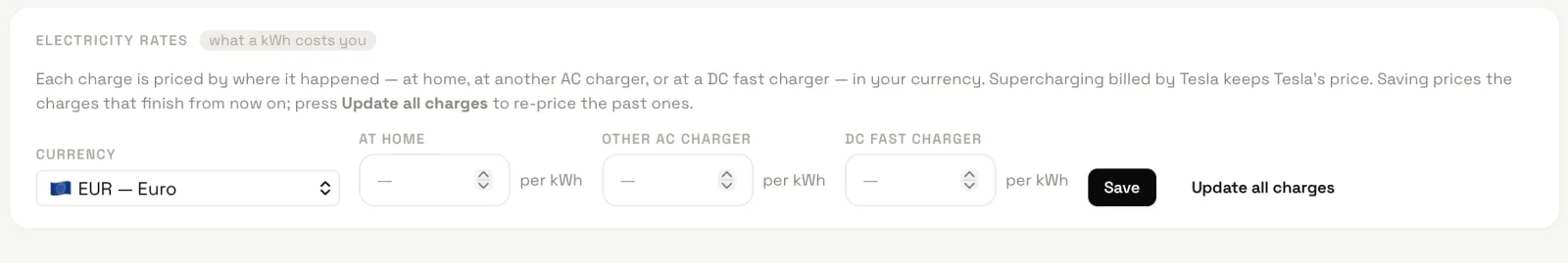 The Electricity rates card: currency select, per-kWh fields for home, other AC and DC fast charging, Save and Update all charges