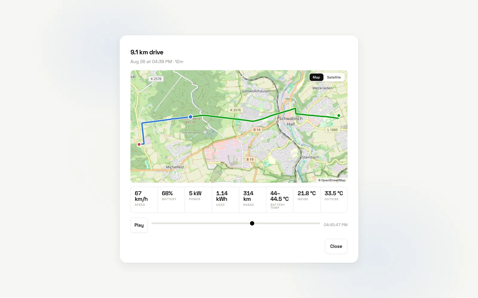 The replay dialog for a 9.1 km drive: map with the route drawn to the scrub point, readout cells for speed, battery, power, used, range, battery temp, inside and outside, and the Play button with a slider