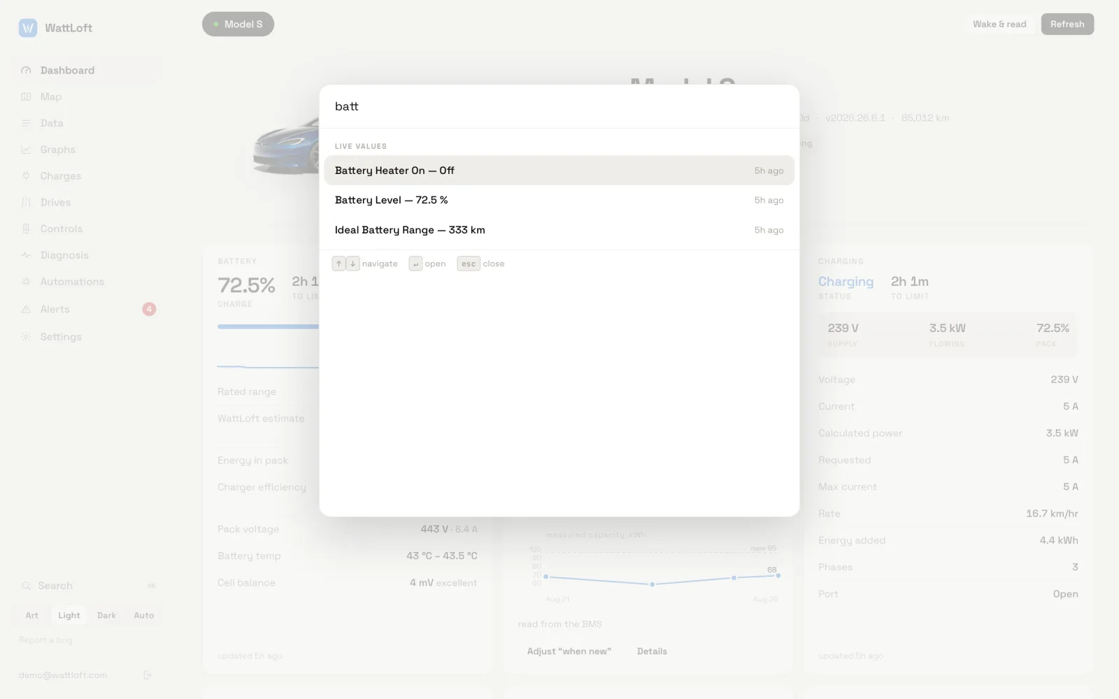 The search palette open over the dashboard, showing live values that match batt: Battery Heater On, Battery Level, Ideal Battery Range