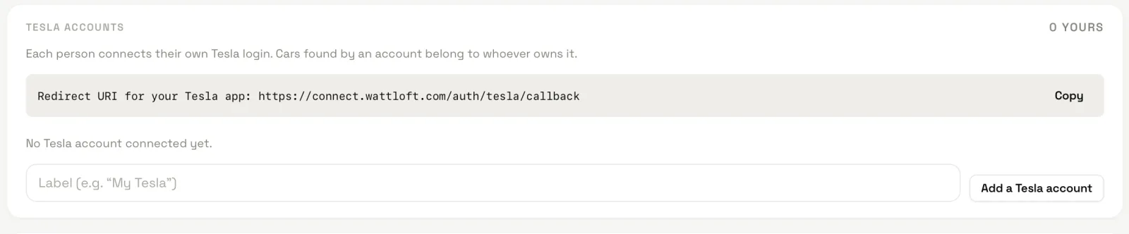 The Tesla accounts card in Settings with the redirect URI, a label field and the Add a Tesla account button