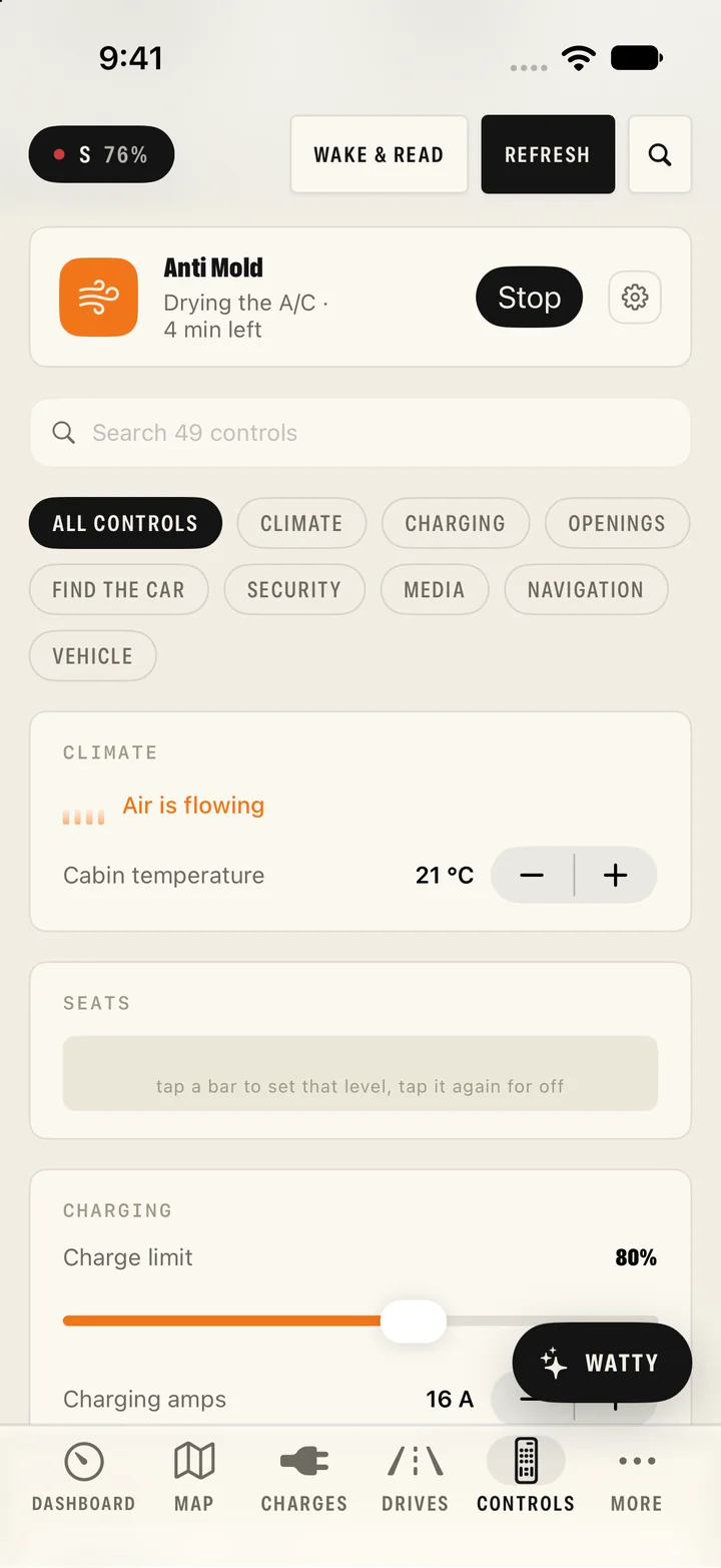 WattLoft for iPhone, Art theme: the Anti Mold row on Controls — Drying the A/C · 4 min left, Stop and its settings — above the control filters and the climate card