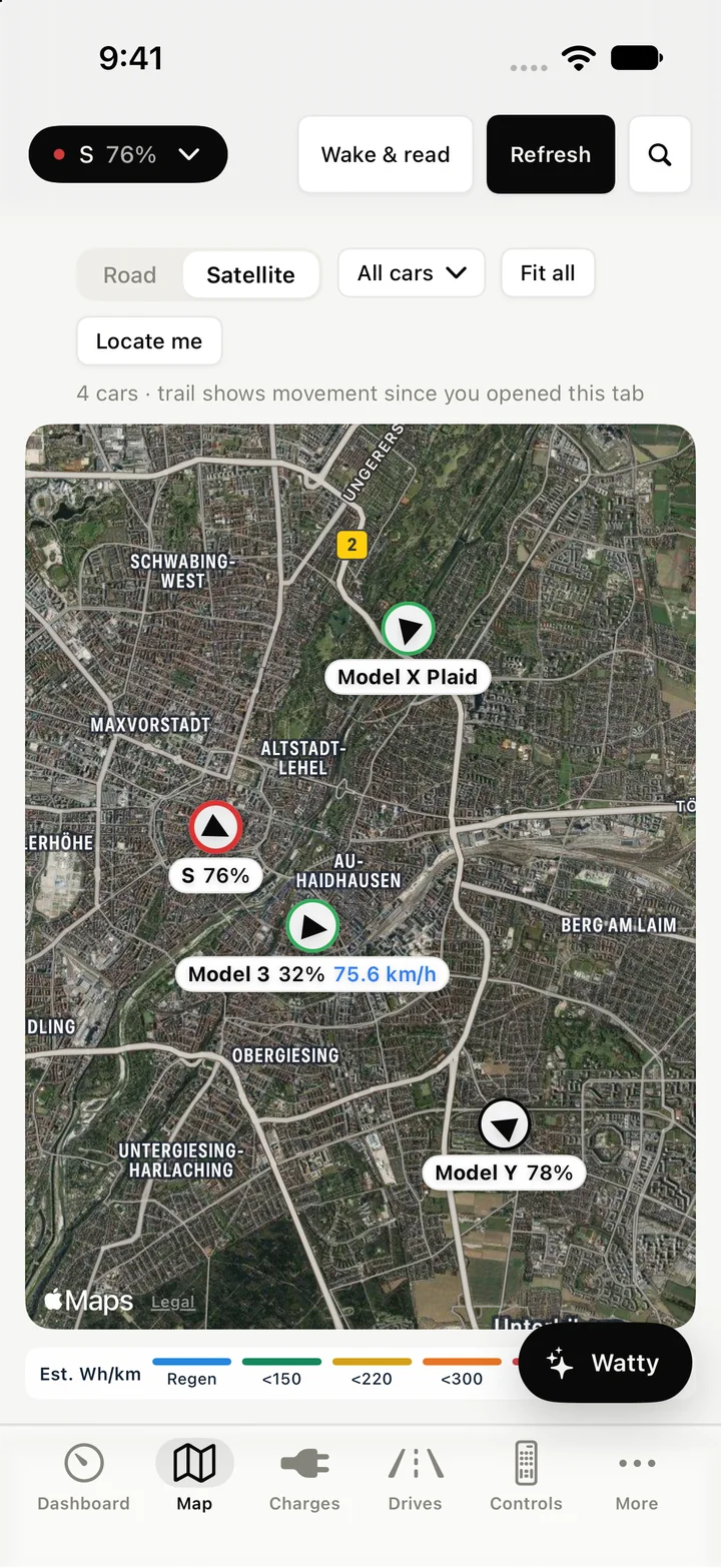 WattLoft for iPhone: the fleet map in satellite view with four cars, Road/Satellite toggle, car filter, Fit all and Locate me
