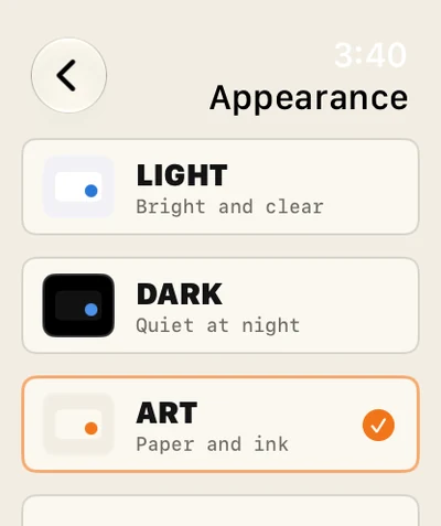 Watch Appearance page: Light, Dark and Art, Art selected