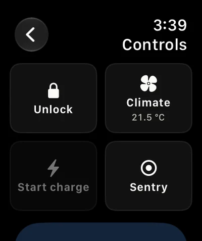 Watch Controls page: Unlock, Climate 21.5 °C, Start charge and Sentry tiles