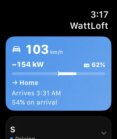 WattLoft on Apple Watch: the driving strip — 103 km/h, −154 kW, 62% battery, heading home, arrival time and 54% on arrival