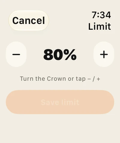 Watch charge-limit editor: 80% between − and + buttons, then Save limit