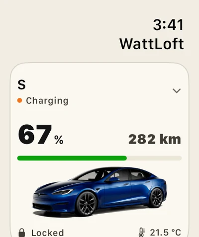 Watch home: the car card — S, Charging, 67% and 282 km, the car’s photo, Locked, 21.5 °C