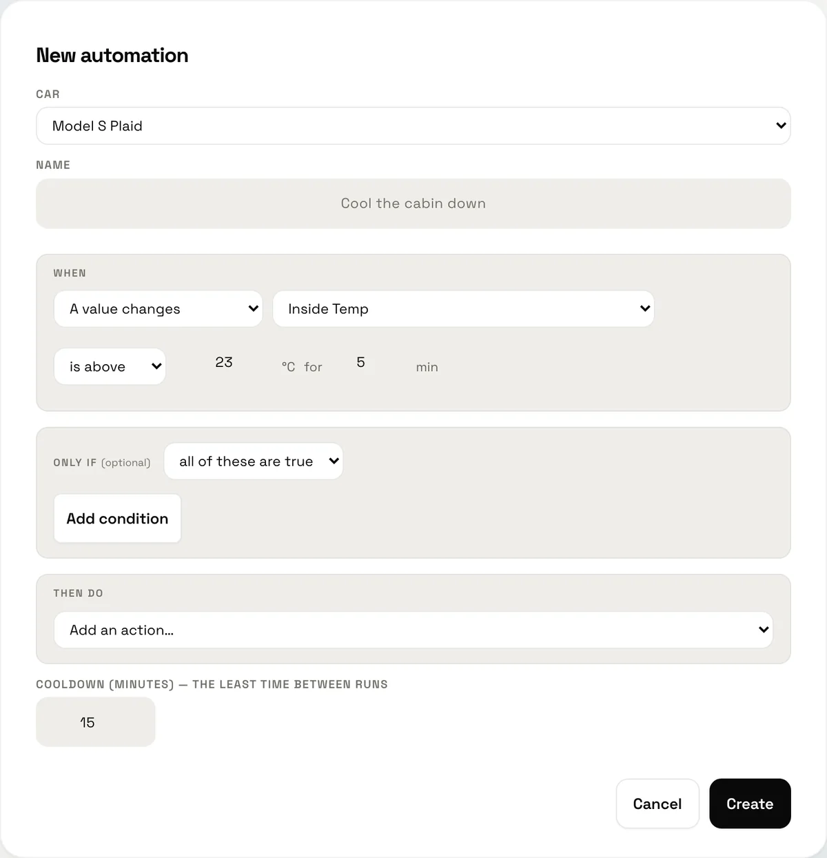 The automation builder: which car, a name, when a value changes — Inside Temp is above 23 °C for 5 min — only-if conditions, then-do actions and a cooldown